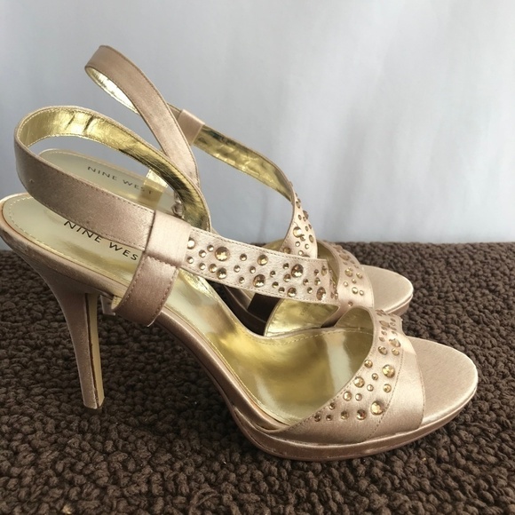 Nine West Gold Satin Heels With Rhinestones - Picture 1 of 8